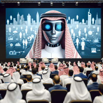 DALL·E 2023-10-26 16.44.14 - Photo of a digital AI avatar in Saudi Arabian dress, showcased on a projector screen, engaging with a diverse crowd of Arab attendees in a seminar set